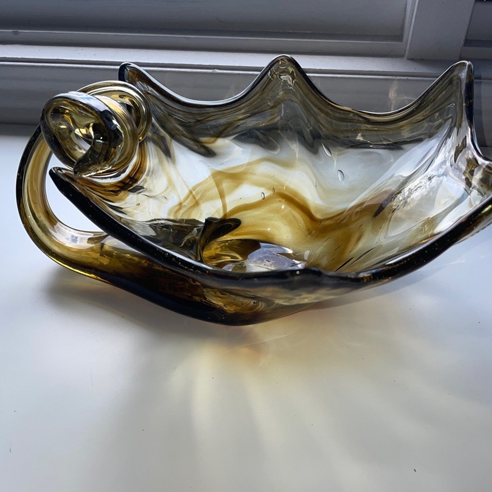 VTG Hand Blown Sooner Glass Swan Vase Bowl Yellow White Brown Swirl 11x10x5 LWH